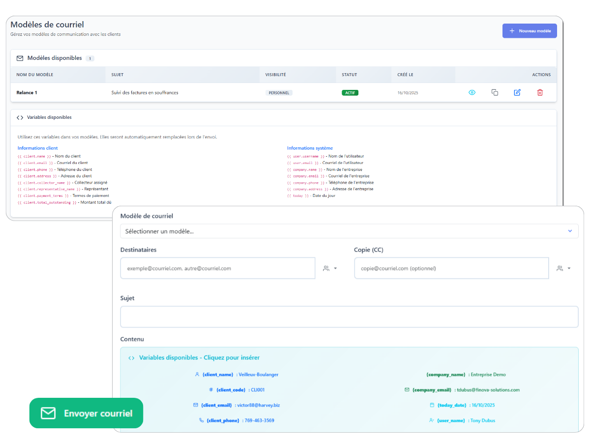 Éditeur de modèles d'emails de relance personnalisables - FinovRelance