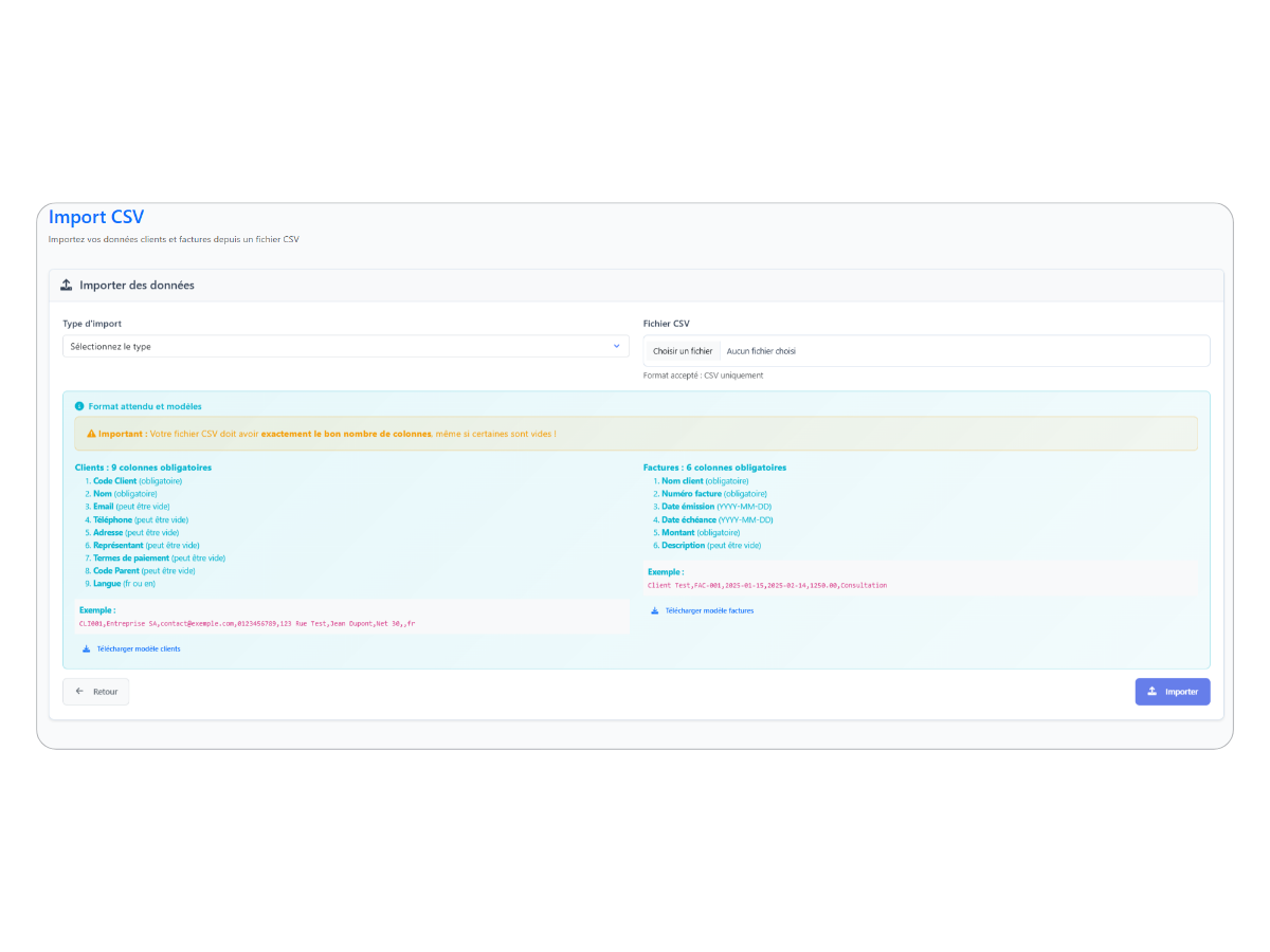 Système d'importation CSV avec validation automatique - FinovRelance