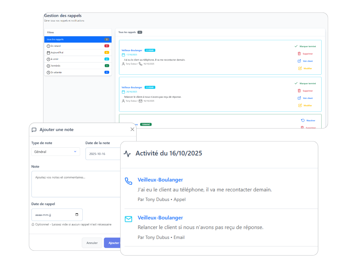 Système de notes et rappels pour suivi client - FinovRelance