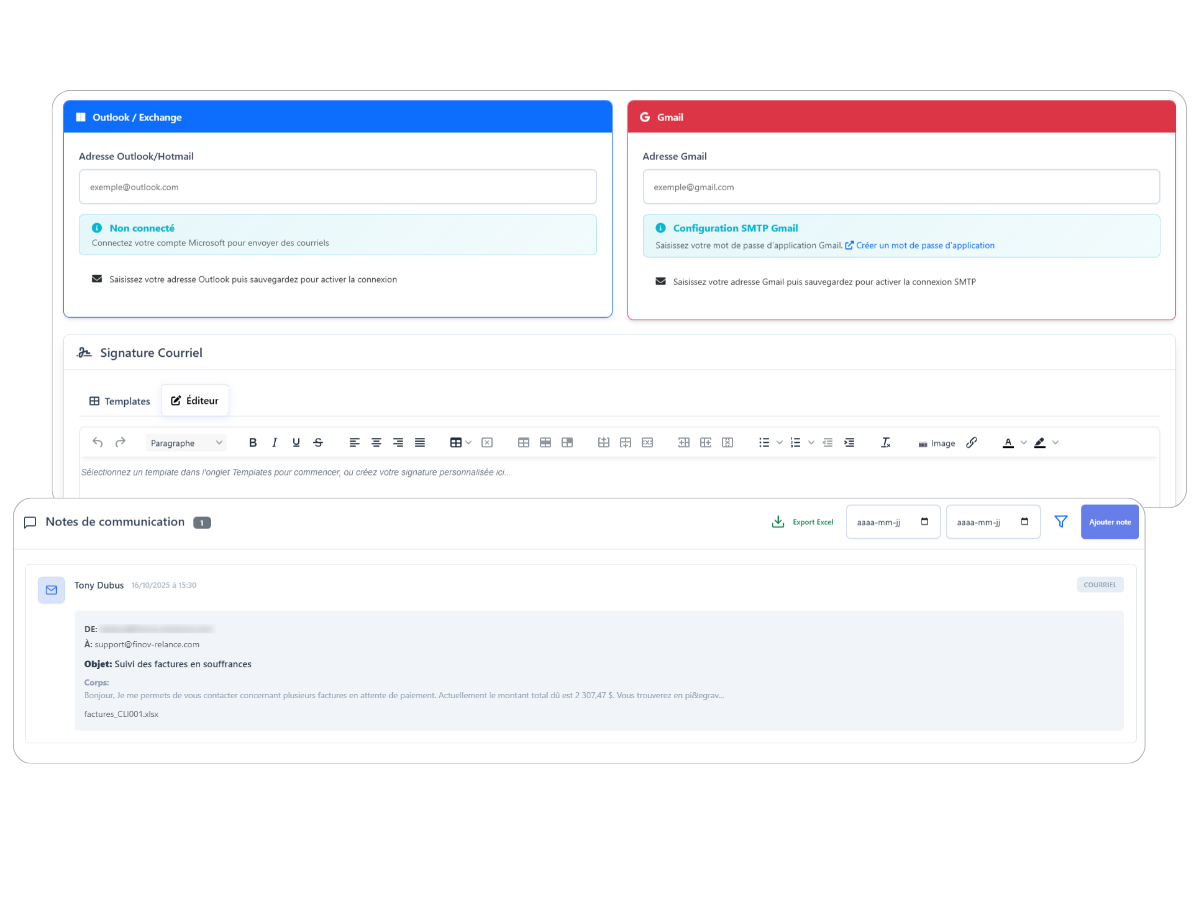 Interface d'envoi d'emails de relance avec historique automatique - FinovRelance